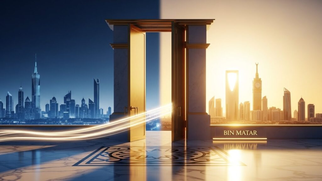 Golden gateway linking international city skylines to Riyadh’s skyline, symbolizing foreign company registration and market entry into Saudi Arabia under Bin Matar.