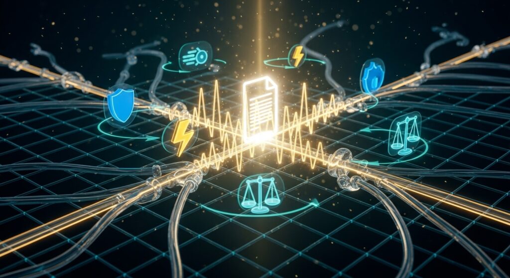 فوائد التوثيق عبر ناجز – شبكة ثلاثية الأبعاد تنبض بالضوء الذهبي ترمز إلى السرعة والأمان والتحول الرقمي في توثيق العقود بالسعودية.