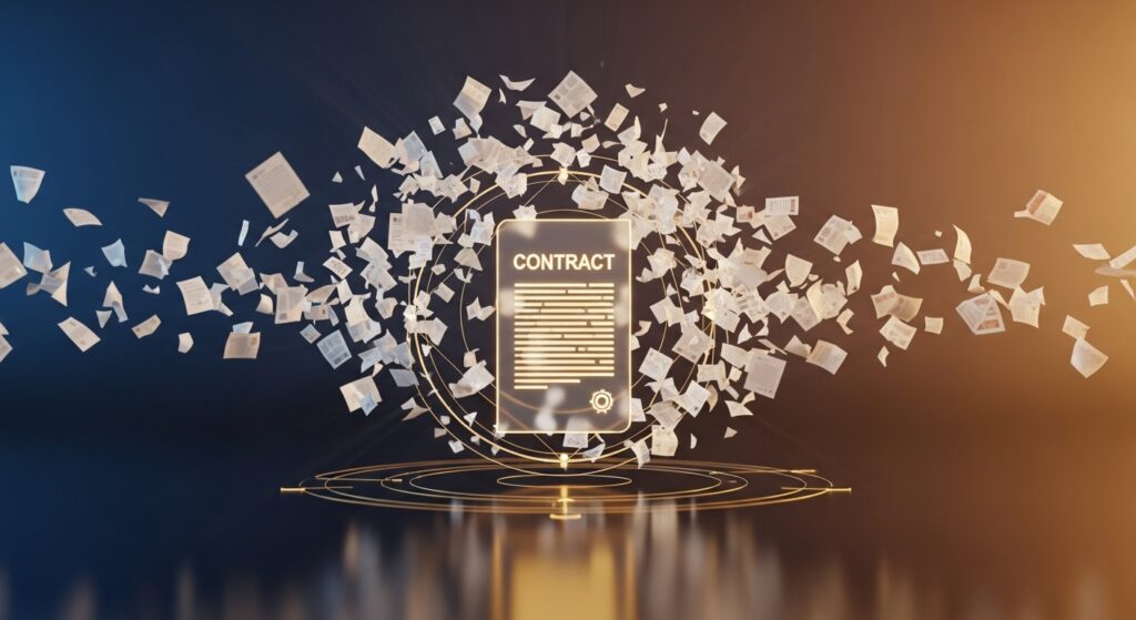 ما الذي يميز نموذج عقد تأسيس شركة PDF سعودي – أوراق مضيئة تتجمع لتشكّل عقدًا ذهبيًا ثلاثي الأبعاد يرمز إلى الدقة والنظام القانوني المتكامل.
