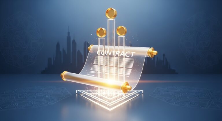 نموذج عقد تأسيس شركة PDF سعودي – عقد قانوني ثلاثي الأبعاد مضيء يرمز إلى التأسيس النظامي الحديث في السعودية.