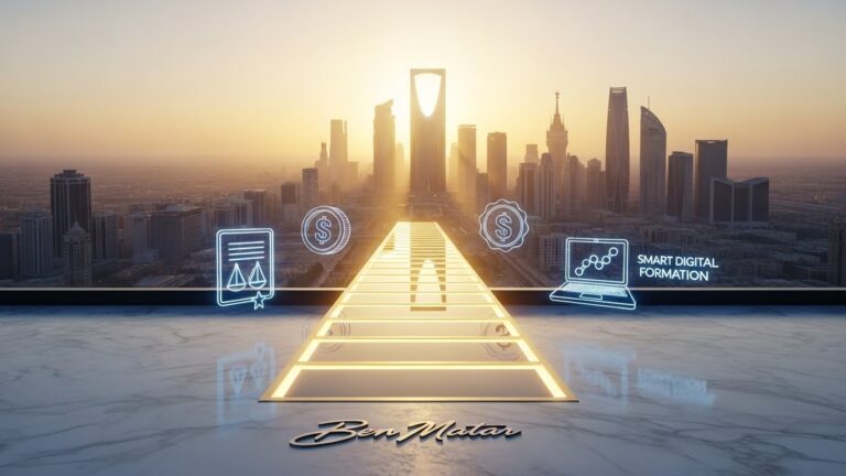 أرخص طرق تأسيس شركة ناشئة في الرياض – مشهد ثلاثي الأبعاد لأفق الرياض وطريق ذهبي مضيء يرمز لبداية رحلة التأسيس القانونية الذكية مع Ben Matar.