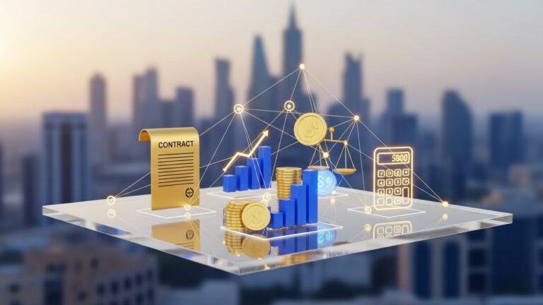 تكلفة تأسيس شركة ذات مسؤولية محدودة في السعودية – عقد ذهبي ومخططات مالية ثلاثية الأبعاد ترمز لتحليل التكلفة والهيكل القانوني للشركات في السعودية.