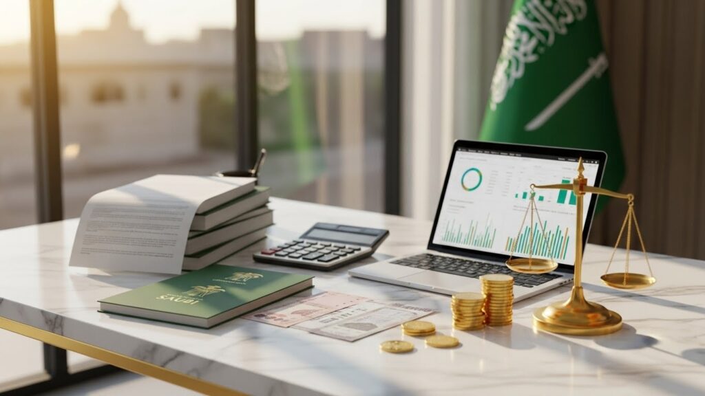 الرسوم الحكومية الأساسية لعام 2025 – طاولة رخامية تحوي وثائق رسمية سعودية وعملات ريال وميزان ذهبي تمثل الرسوم النظامية لتأسيس الشركات.
