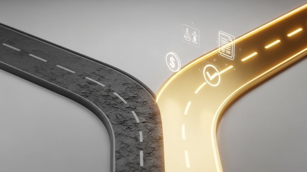 المسار الأرخص لتأسيس شركة ناشئة في الرياض – طريقان ثلاثيا الأبعاد أحدهما ذهبي مضيء يرمز للاختيار الذكي الأقل تكلفة.