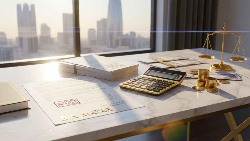Marble office desk with legal papers, Riyal coins, and golden calculator under sunlight, with “Bin Matar” engraved on the surface, symbolizing the cost and compliance of company formation in Saudi Arabia.
