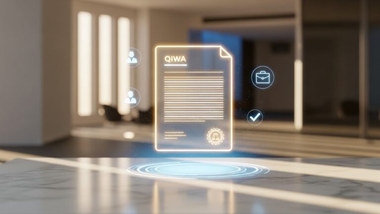 Floating holographic document with Saudi seal glowing above a marble desk, representing the digital Qiwa contract for employment in Saudi Arabia.