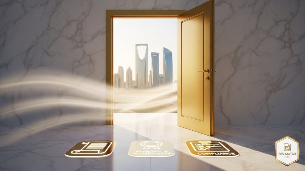 Golden open door with Riyadh skyline and glowing legal icons on marble floor, symbolizing the step-by-step process of opening a company in Saudi Arabia under Bin Matar.