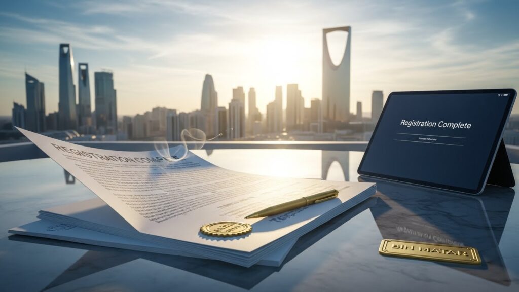 Riyadh skyline at sunrise with registration papers, a golden pen, and a tablet on a rooftop desk, symbolizing the first step in company registration in Saudi Arabia under Bin Matar.