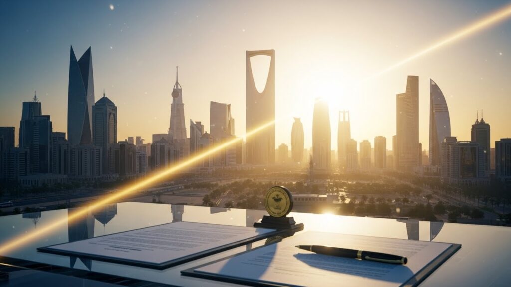 Riyadh skyline at sunset with legal documents and a Saudi emblem on a glass desk, symbolizing company formation and compliance in Saudi Arabia under Bin Matar Group.