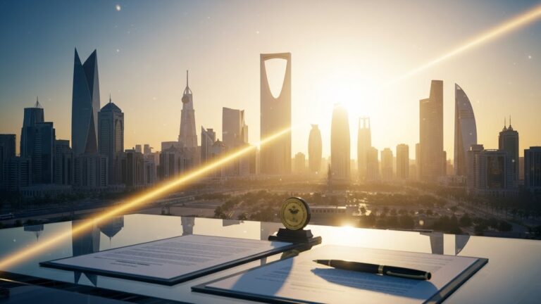 Riyadh skyline at sunset with legal documents and a Saudi emblem on a glass desk, symbolizing company formation and compliance in Saudi Arabia under Bin Matar Group.