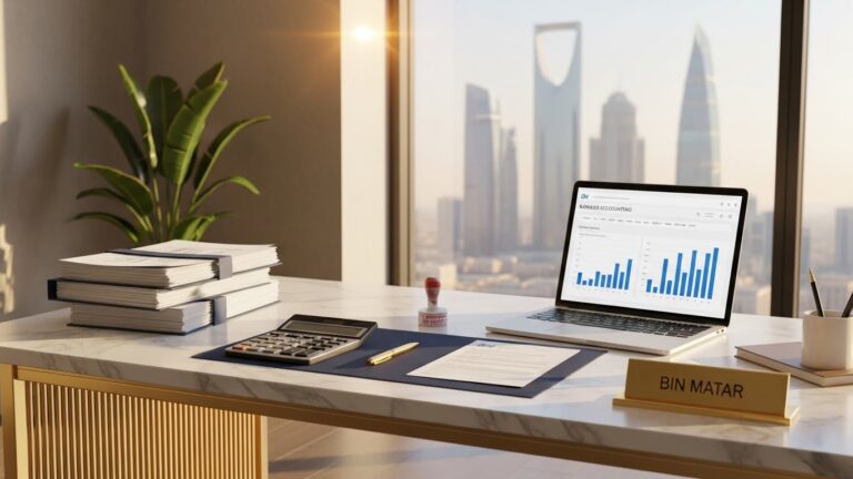Marble executive desk with financial papers, calculator, and laptop under sunlight overlooking Riyadh’s skyline, representing accurate accounting and company formation in Saudi Arabia under Bin Matar.
